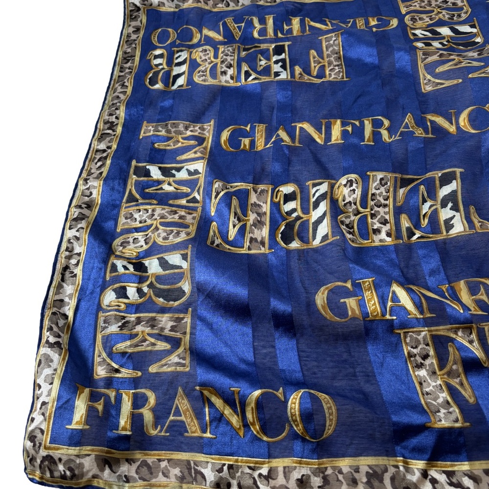 Gianfranco Ferré Vintage Logo Scarf, Navy Silk Leopard Print, 90s Italian Design - Picture 3 of 4
